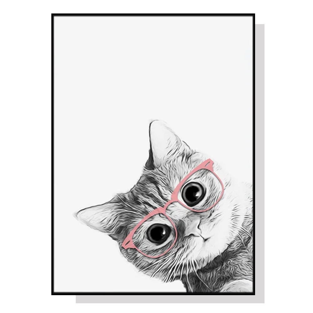 Wall Art 90cmx135cm Cat With Glasses Black Frame Canvas - VogueDecor.au