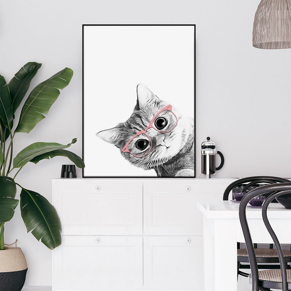 Wall Art 90cmx135cm Cat With Glasses Black Frame Canvas - VogueDecor.au