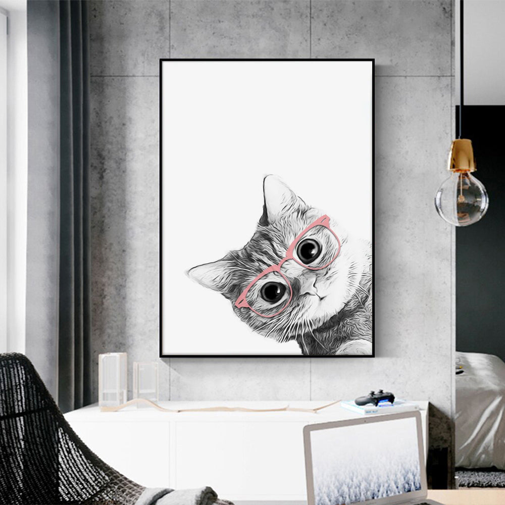Wall Art 90cmx135cm Cat With Glasses Black Frame Canvas - VogueDecor.au