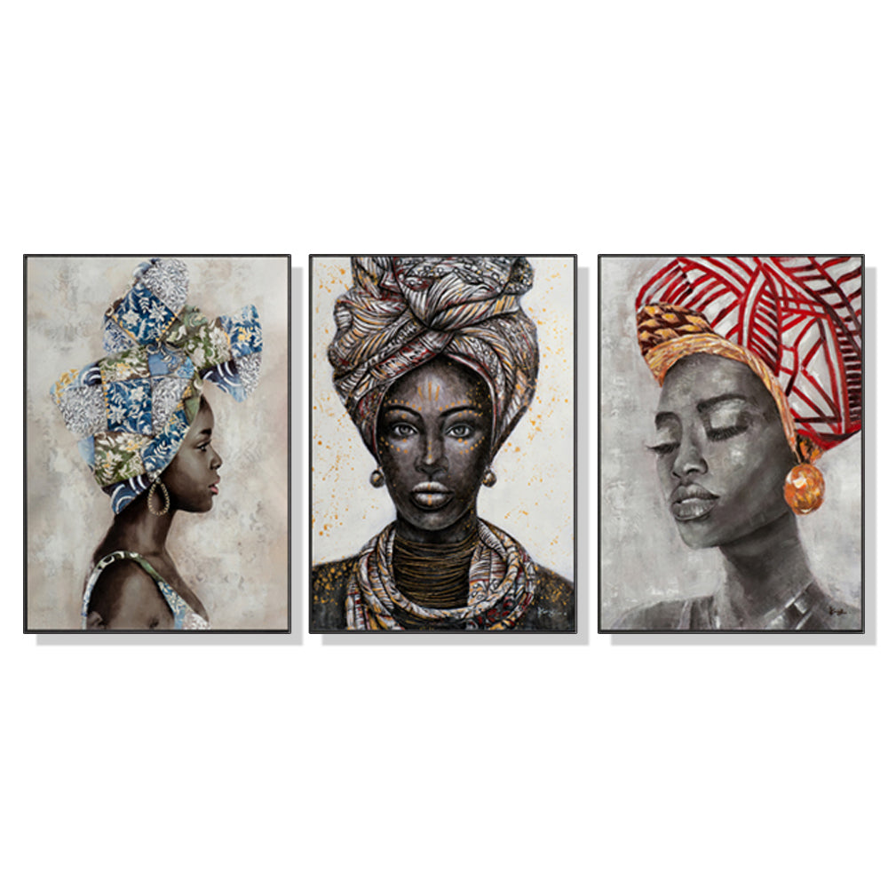 Wall Art 70cmx100cm African women II 3 Sets Black Frame Canvas - VogueDecor.au