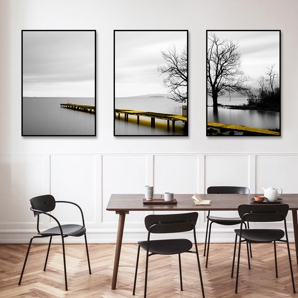 Wall Art 70cmx100cm Calm Lake Bridge Tree Scene 3 Sets Black Frame Canvas - VogueDecor.au