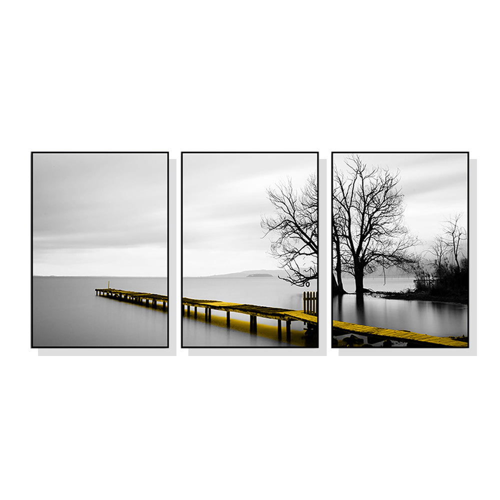 Wall Art 60cmx90cm Calm Lake Bridge Tree Scene 3 Sets Black Frame Canvas - VogueDecor.au