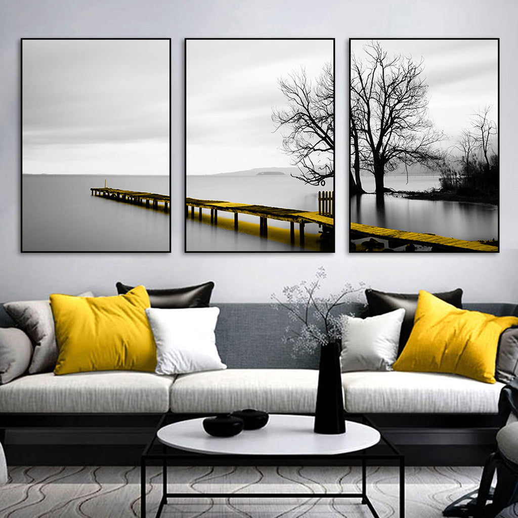 Wall Art 60cmx90cm Calm Lake Bridge Tree Scene 3 Sets Black Frame Canvas - VogueDecor.au