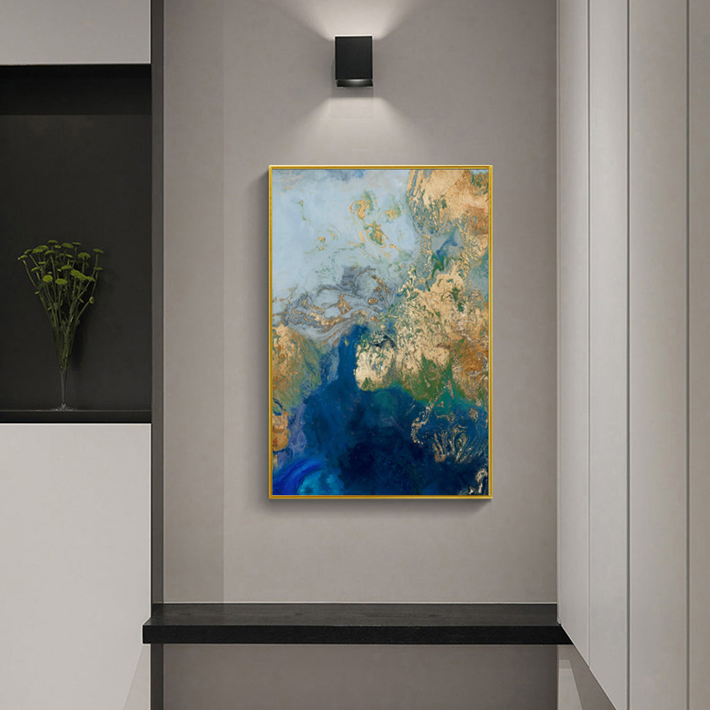 Wall Art 80cmx120cm Marbled Blue Gold Artwork Gold Frame Canvas - VogueDecor.au