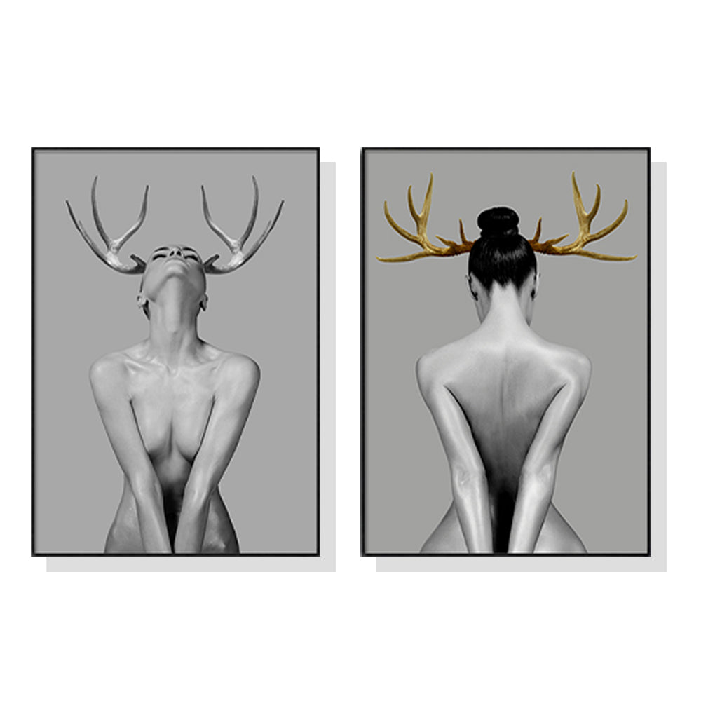 Wall Art 90cmx135cm Girl With Gold Horn 2 Sets Black Frame Canvas - VogueDecor.au