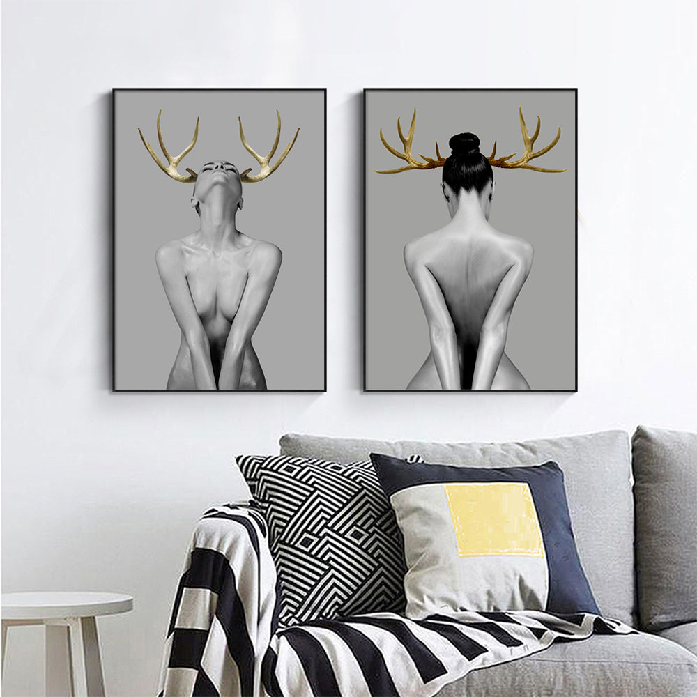 Wall Art 90cmx135cm Girl With Gold Horn 2 Sets Black Frame Canvas - VogueDecor.au