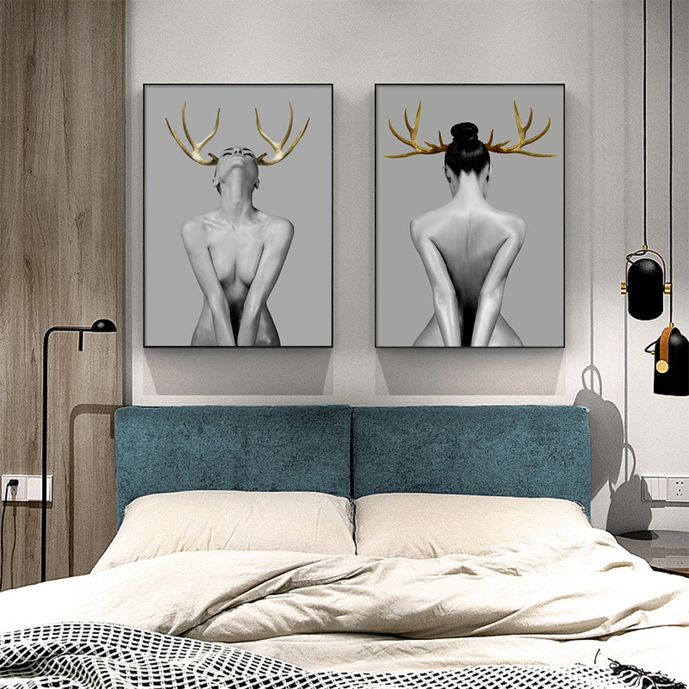 Wall Art 90cmx135cm Girl With Gold Horn 2 Sets Black Frame Canvas - VogueDecor.au
