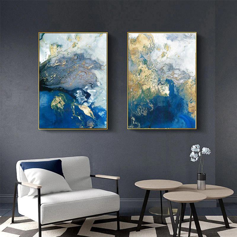 Wall Art 60cmx90cm Marbled Blue And Gold 2 Sets Gold Frame Canvas - VogueDecor.au