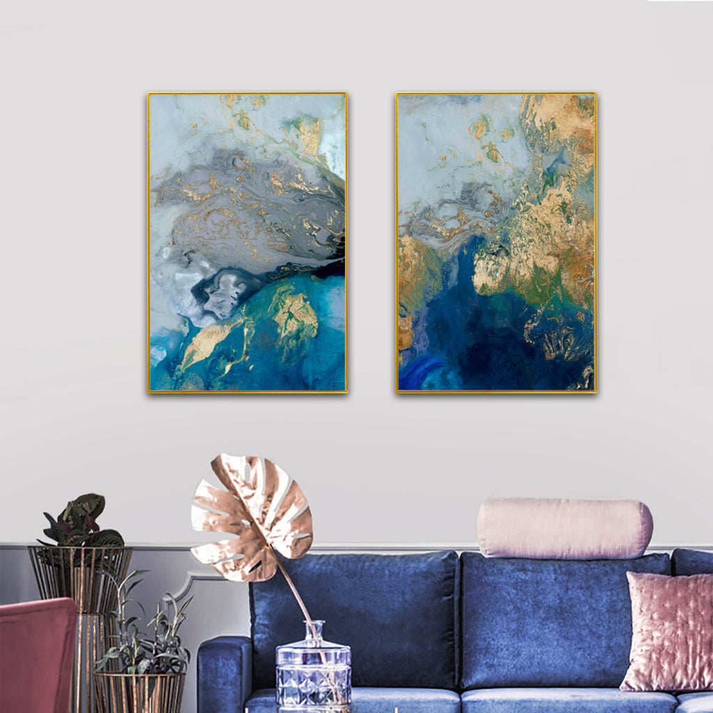 Wall Art 60cmx90cm Marbled Blue And Gold 2 Sets Gold Frame Canvas - VogueDecor.au