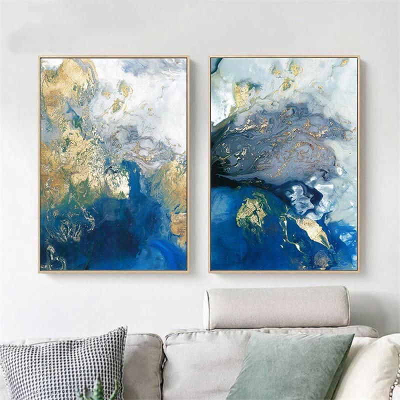 Wall Art 70cmx100cm Marbled Blue And Gold 2 Sets Gold Frame Canvas - VogueDecor.au
