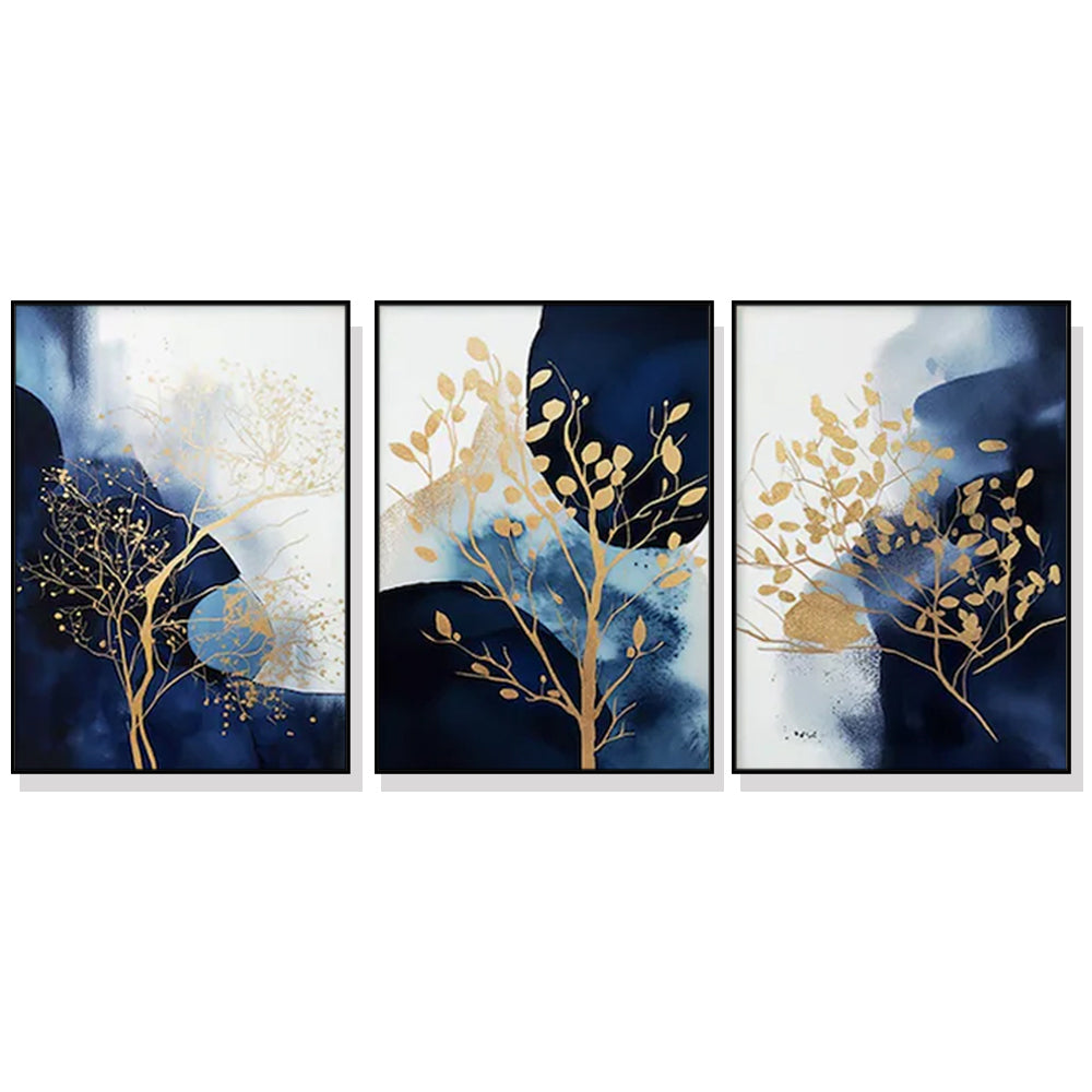 Wall Art 50cmx70cm Navy and Gold Watercolor Shapes 3 Sets Black Frame Canvas - VogueDecor.au