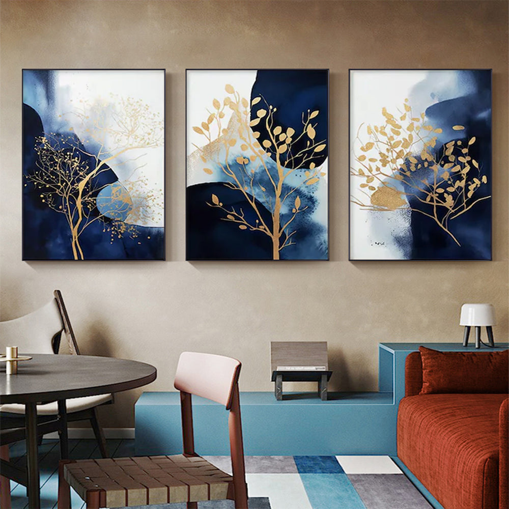 Wall Art 50cmx70cm Navy and Gold Watercolor Shapes 3 Sets Black Frame Canvas - VogueDecor.au