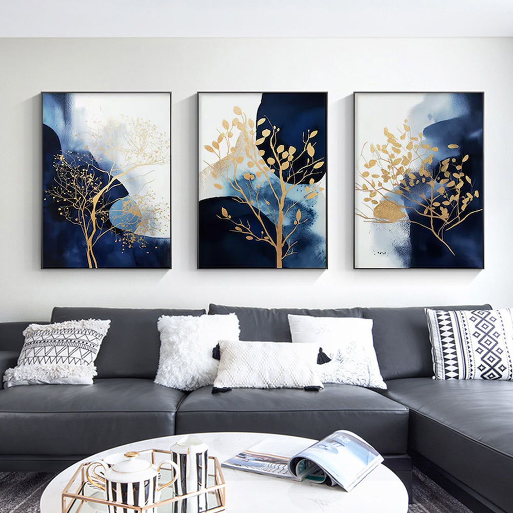 Wall Art 50cmx70cm Navy and Gold Watercolor Shapes 3 Sets Black Frame Canvas - VogueDecor.au
