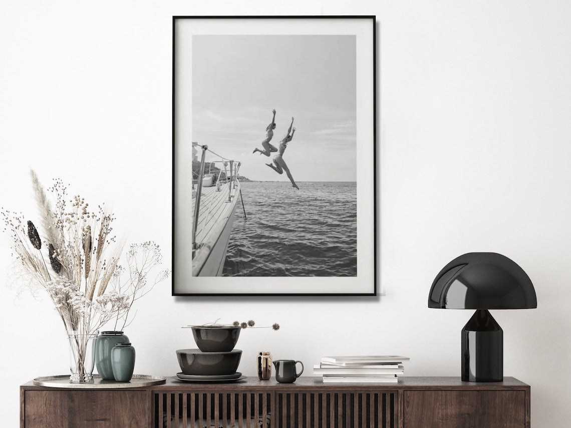 Wall Art 90cmx135cm Black and White Ocean Jump, Black Frame Canvas - VogueDecor.au