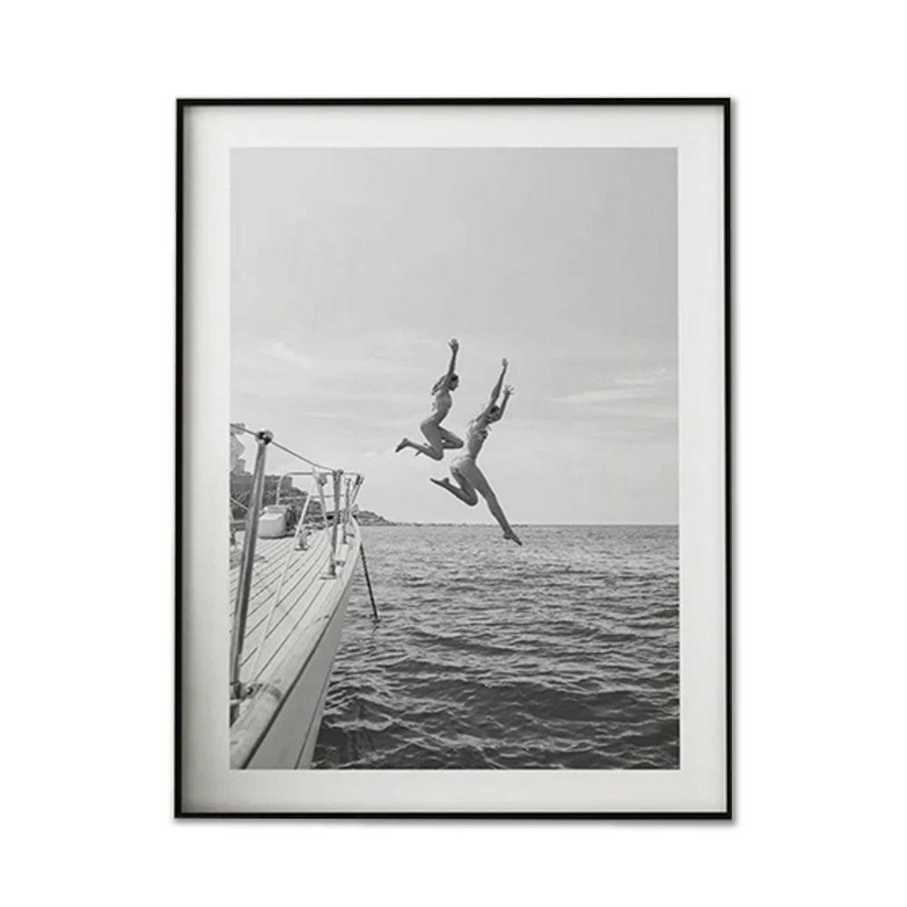 Wall Art 100cmx150cm Black and White Ocean Jump, Black Frame Canvas - VogueDecor.au