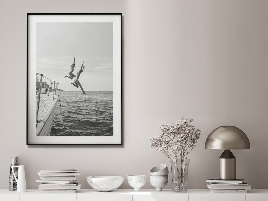 Wall Art 100cmx150cm Black and White Ocean Jump, Black Frame Canvas - VogueDecor.au