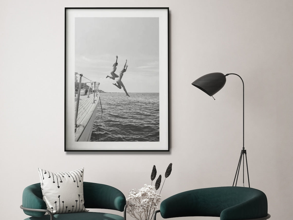 Wall Art 100cmx150cm Black and White Ocean Jump, Black Frame Canvas - VogueDecor.au