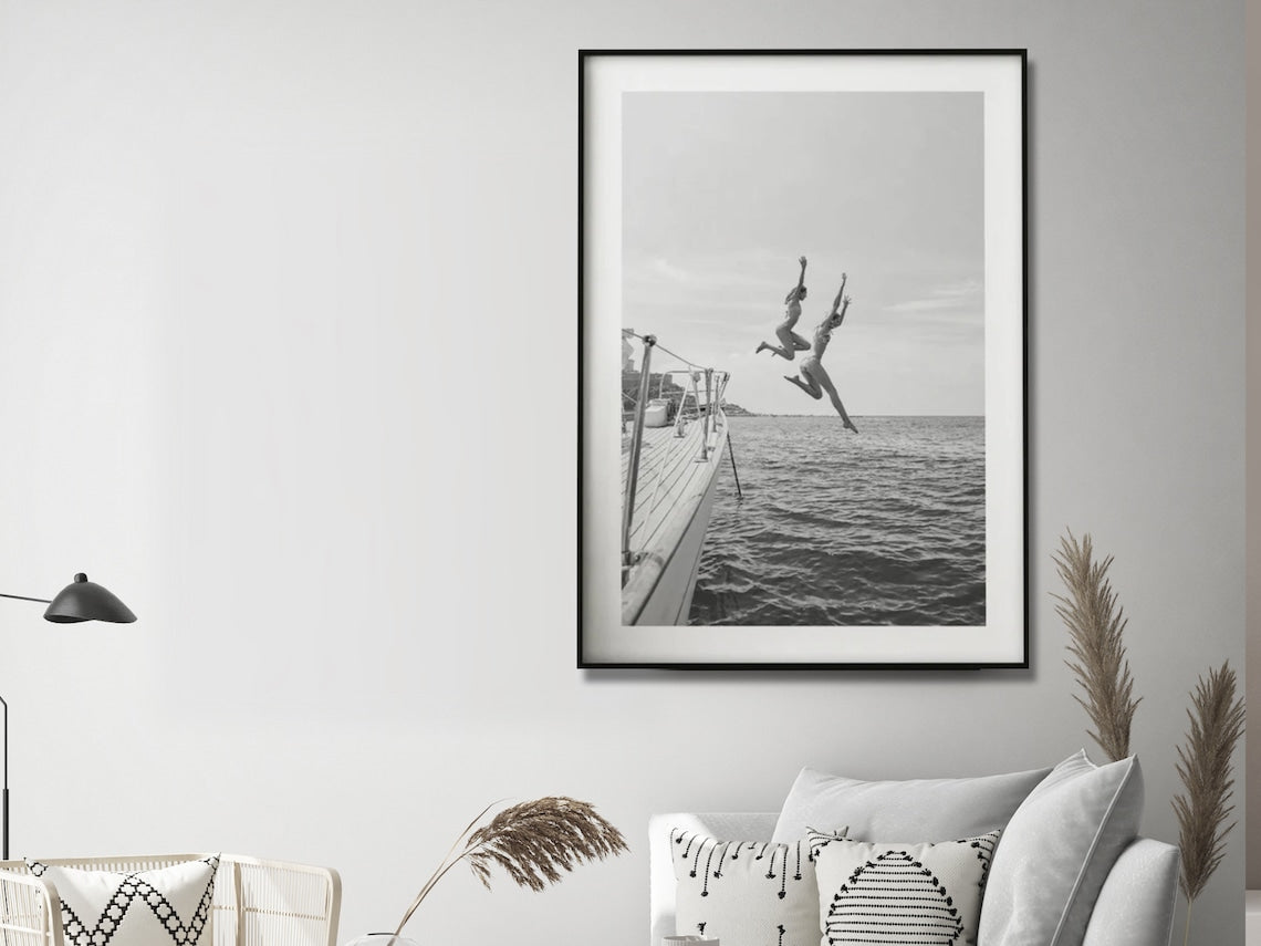 Wall Art 100cmx150cm Black and White Ocean Jump, Black Frame Canvas - VogueDecor.au