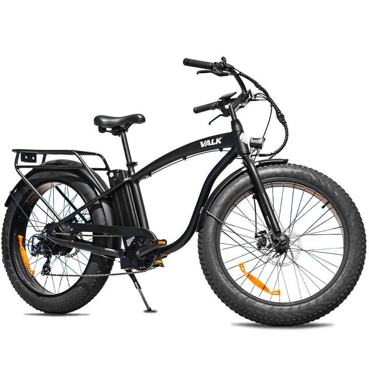 VALK Electric Fat Tyre Cruiser Bike, eBike with Throttle, Matte Black