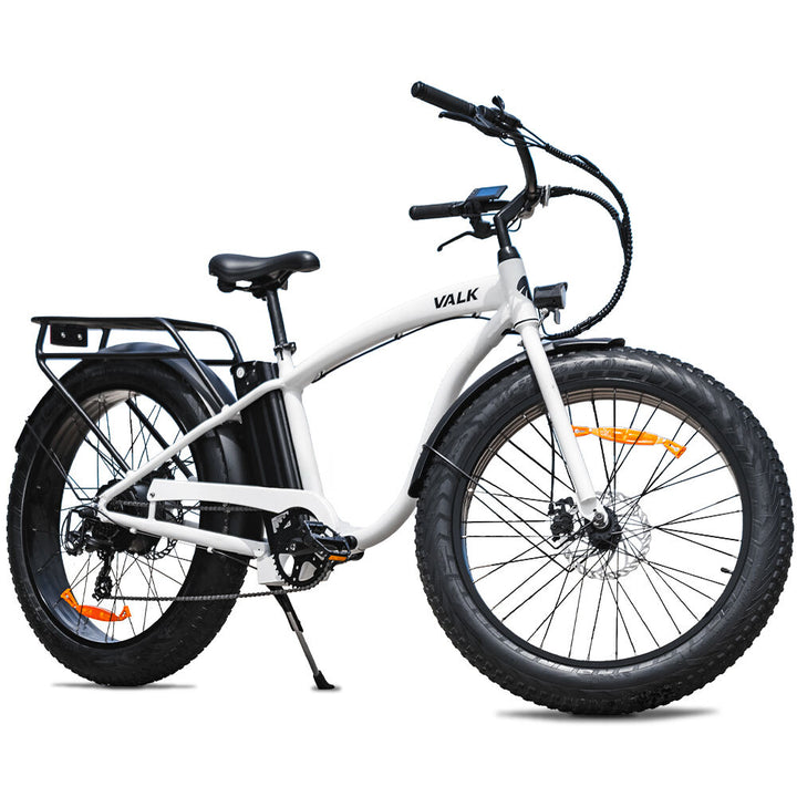 VALK Electric Fat Tyre Cruiser Bike, eBike with Throttle, White