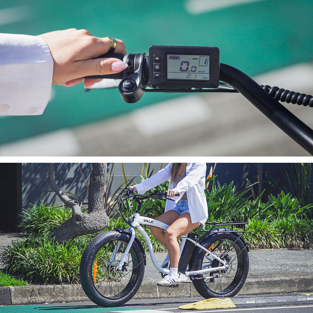 VALK Electric Fat Tyre Cruiser Bike, eBike with Throttle, White