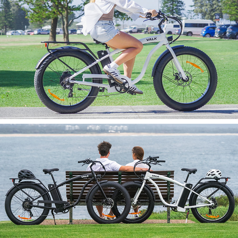 VALK Electric Fat Tyre Cruiser Bike, eBike with Throttle, White