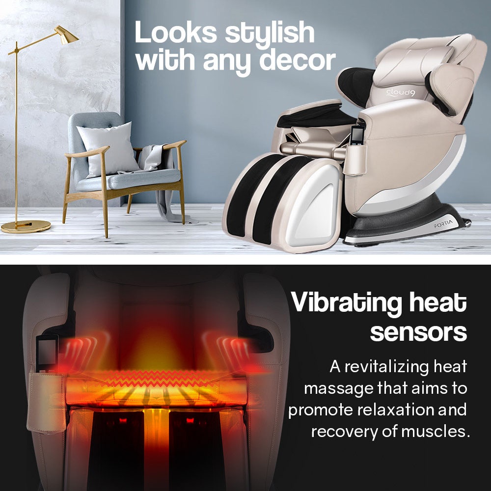 FORTIA Zero Gravity Recline Full-Body Massage Chair, with Back and Foot Rollers, Squeezing Air Pressure for Arms, Legs, plus Heat and Vibration functions, Cream