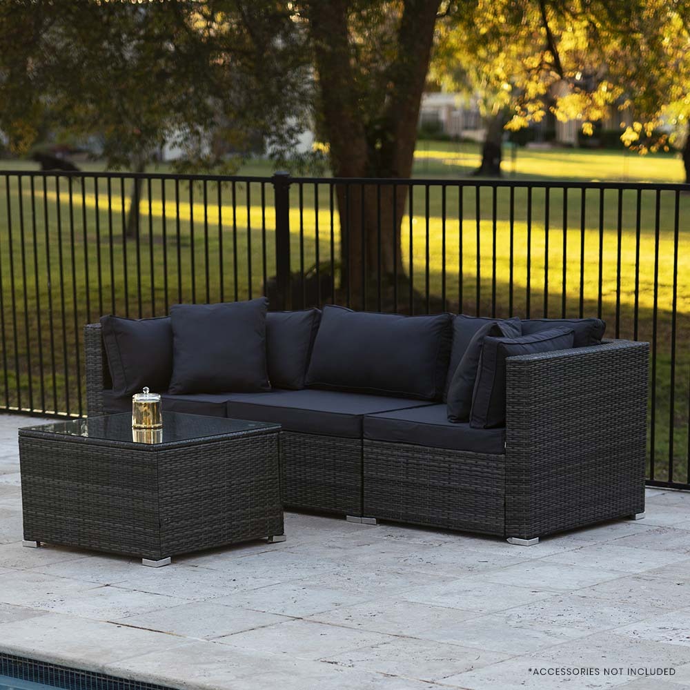 LONDON RATTAN 4 Piece 3 Seater Modular Outdoor Lounge Setting incl. Coffee Table, Grey - VogueDecor.au