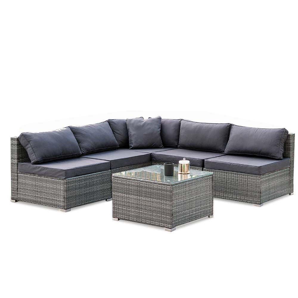 LONDON RATTAN 5 Seater Modular Outdoor Setting Lounge with Coffee Table, Grey - VogueDecor.au