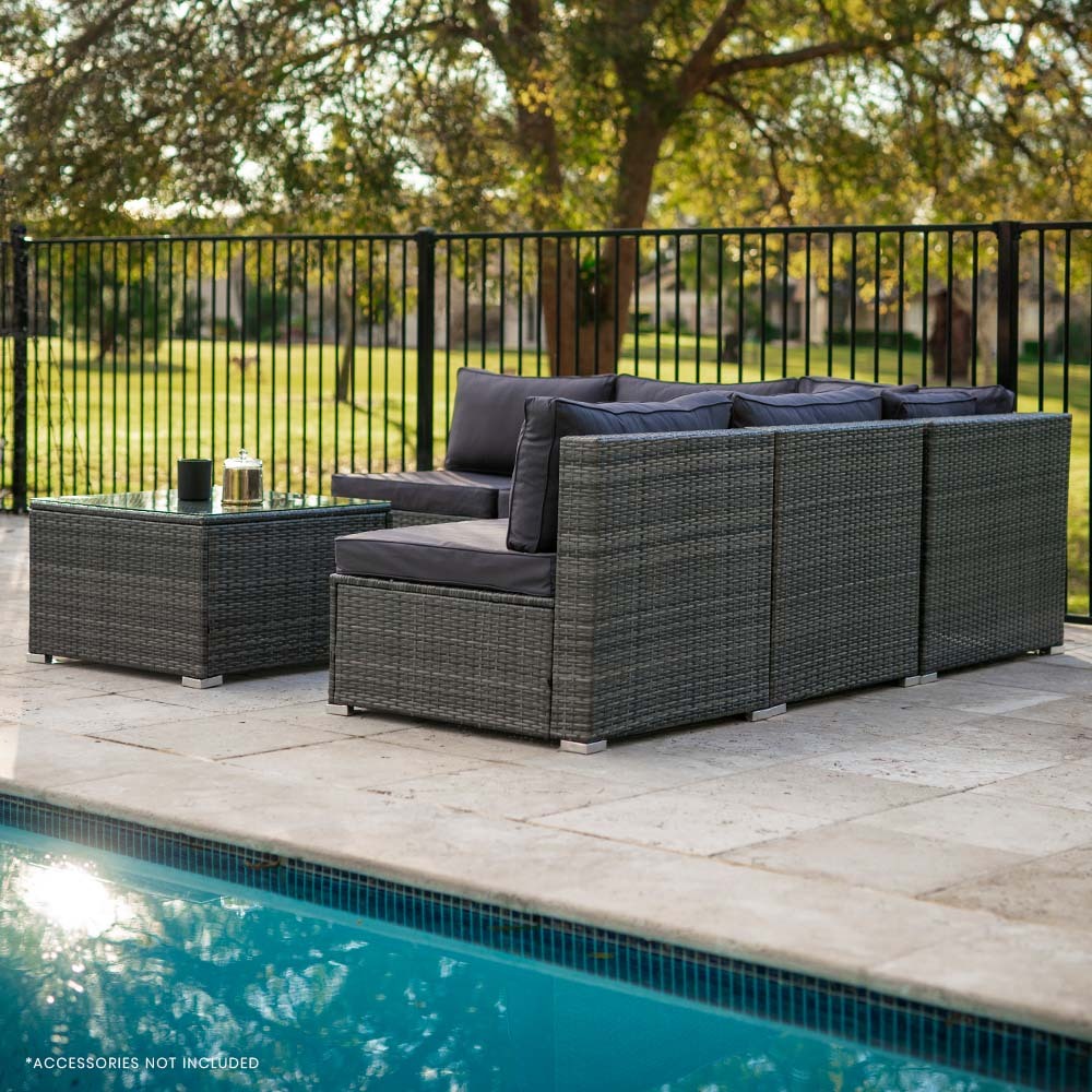 LONDON RATTAN 5 Seater Modular Outdoor Setting Lounge with Coffee Table, Grey - VogueDecor.au