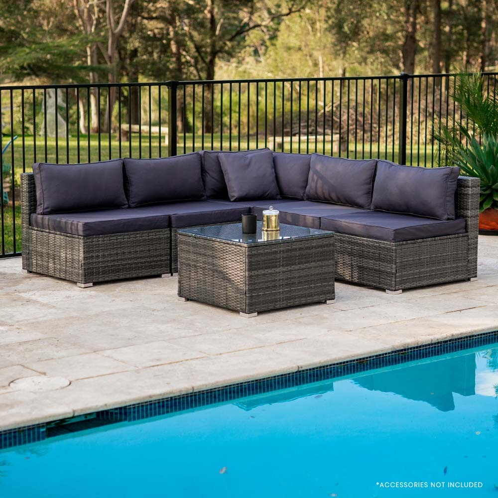 LONDON RATTAN 5 Seater Modular Outdoor Setting Lounge with Coffee Table, Grey - VogueDecor.au