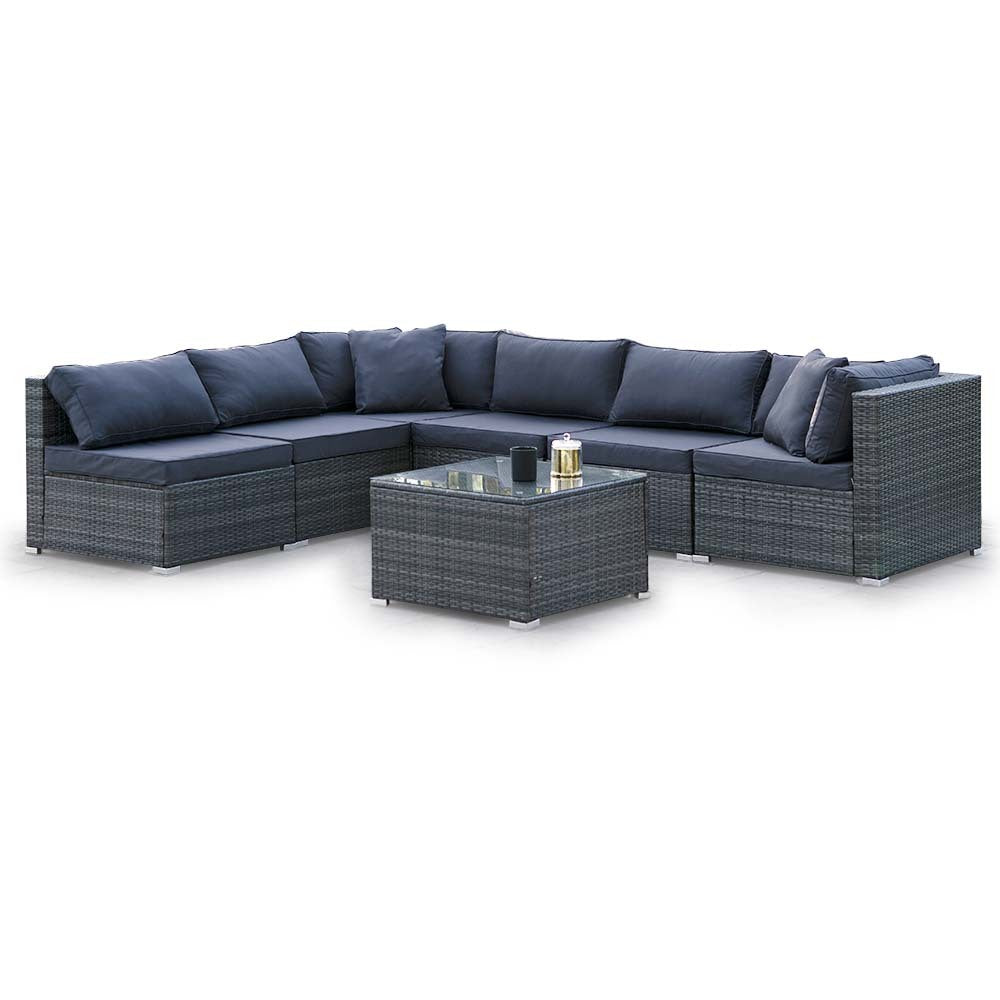 LONDON RATTAN 7 Piece 6 Seater Modular Outdoor Lounge Setting with Coffee Table, Grey - VogueDecor.au