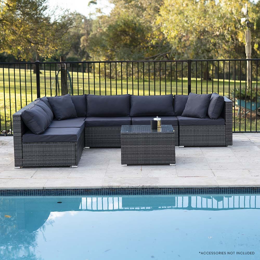 LONDON RATTAN 7 Piece 6 Seater Modular Outdoor Lounge Setting with Coffee Table, Grey - VogueDecor.au