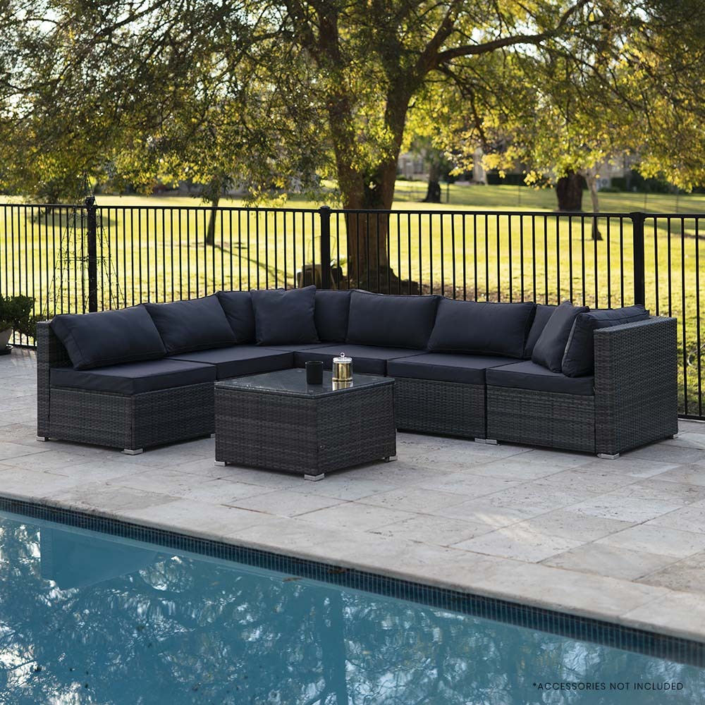 LONDON RATTAN 7 Piece 6 Seater Modular Outdoor Lounge Setting with Coffee Table, Grey - VogueDecor.au