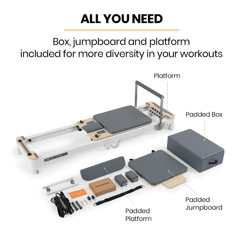 PROFLEX Aluminium Pilates Reformer Machine, Stretch Bed with box and jump board accessories - VogueDecor.au