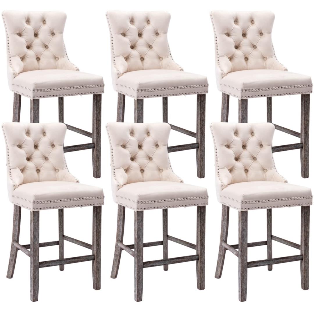 6X Velvet Bar Stools with Studs Trim Wooden Legs Tufted Dining Chairs Kitchen - VogueDecor.au