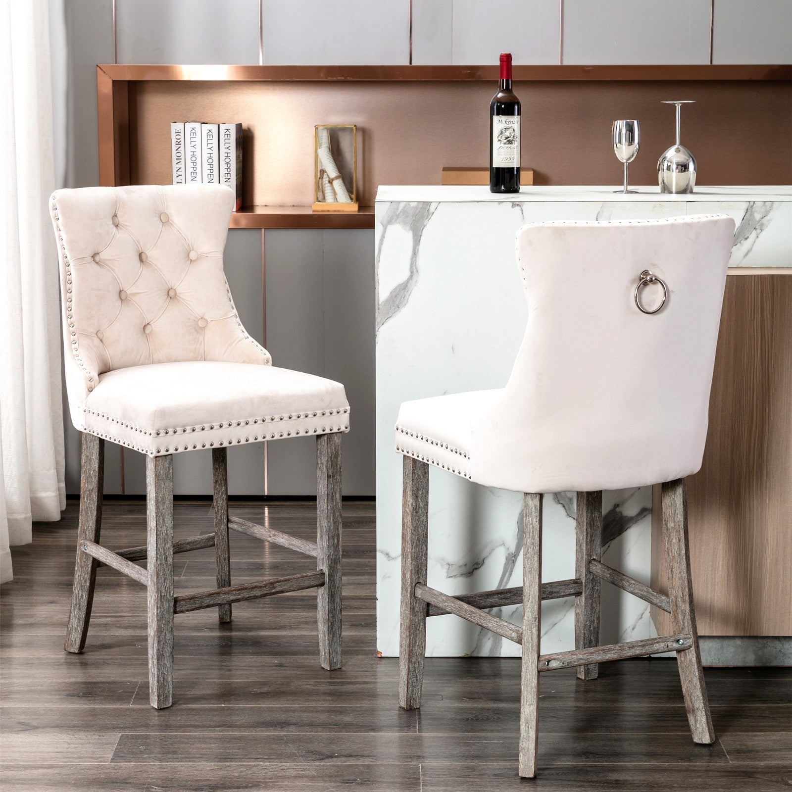 6X Velvet Bar Stools with Studs Trim Wooden Legs Tufted Dining Chairs Kitchen - VogueDecor.au
