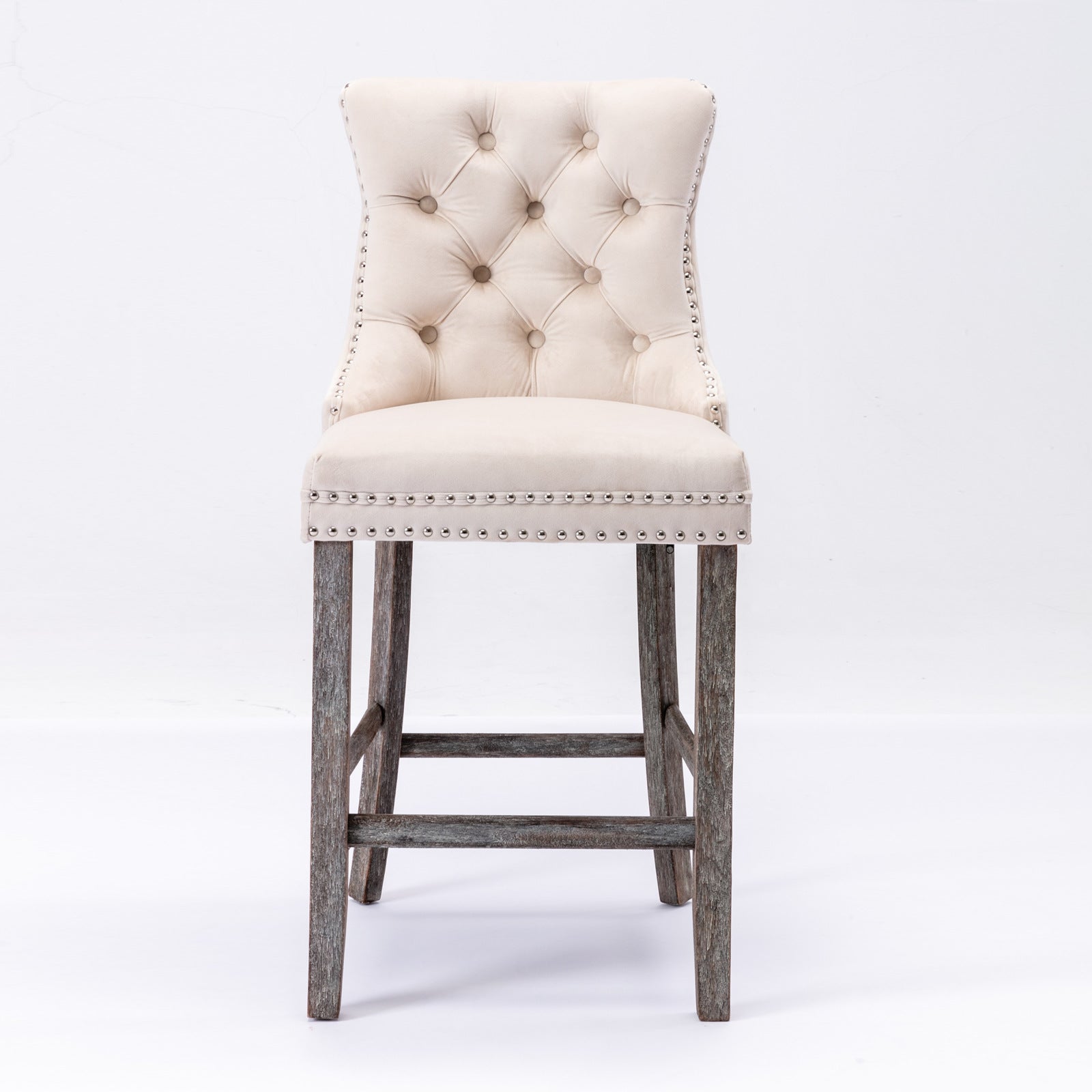 6X Velvet Bar Stools with Studs Trim Wooden Legs Tufted Dining Chairs Kitchen - VogueDecor.au