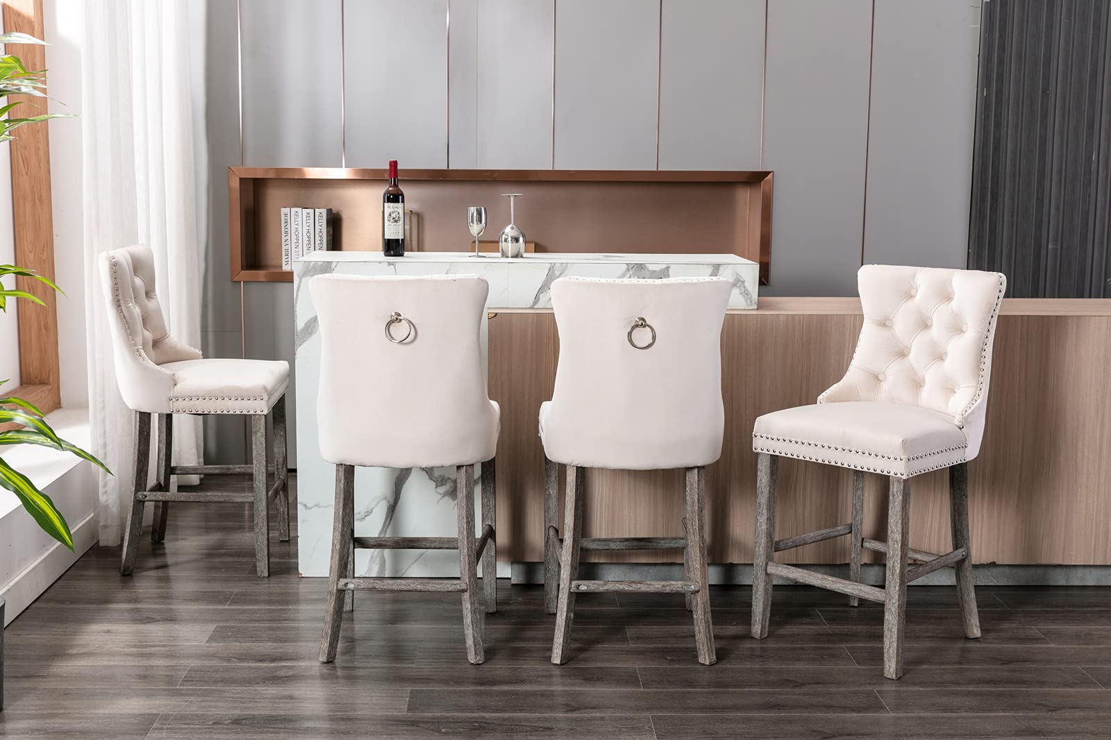 6X Velvet Bar Stools with Studs Trim Wooden Legs Tufted Dining Chairs Kitchen - VogueDecor.au