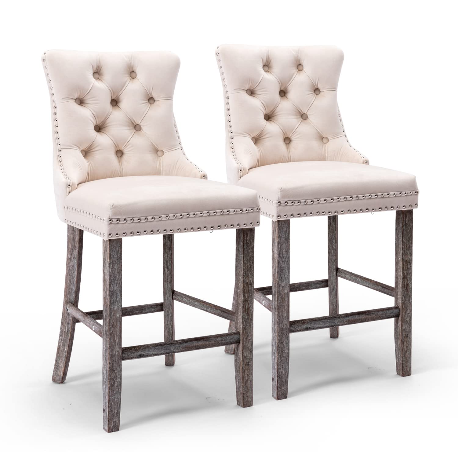 6X Velvet Bar Stools with Studs Trim Wooden Legs Tufted Dining Chairs Kitchen - VogueDecor.au