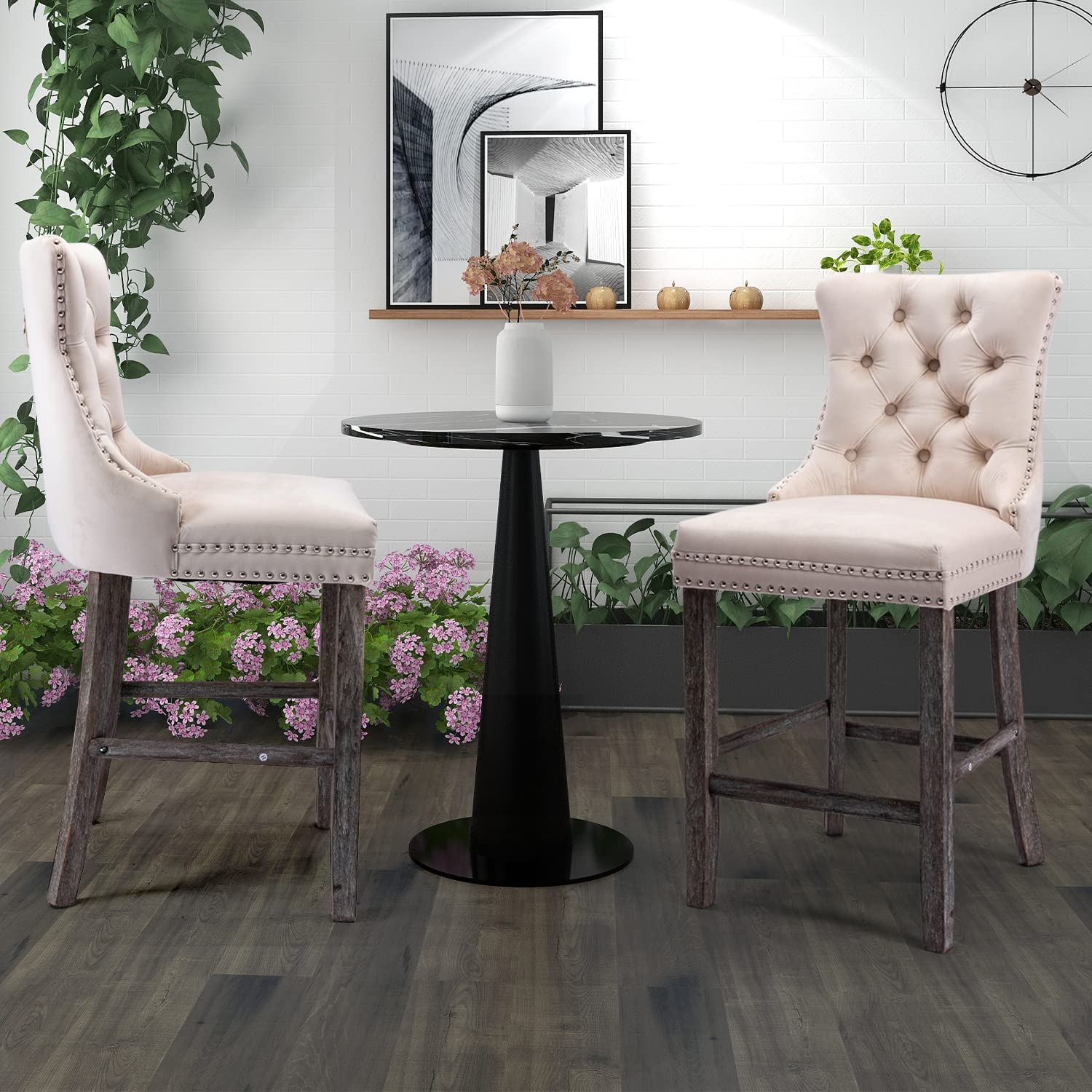 6X Velvet Bar Stools with Studs Trim Wooden Legs Tufted Dining Chairs Kitchen - VogueDecor.au