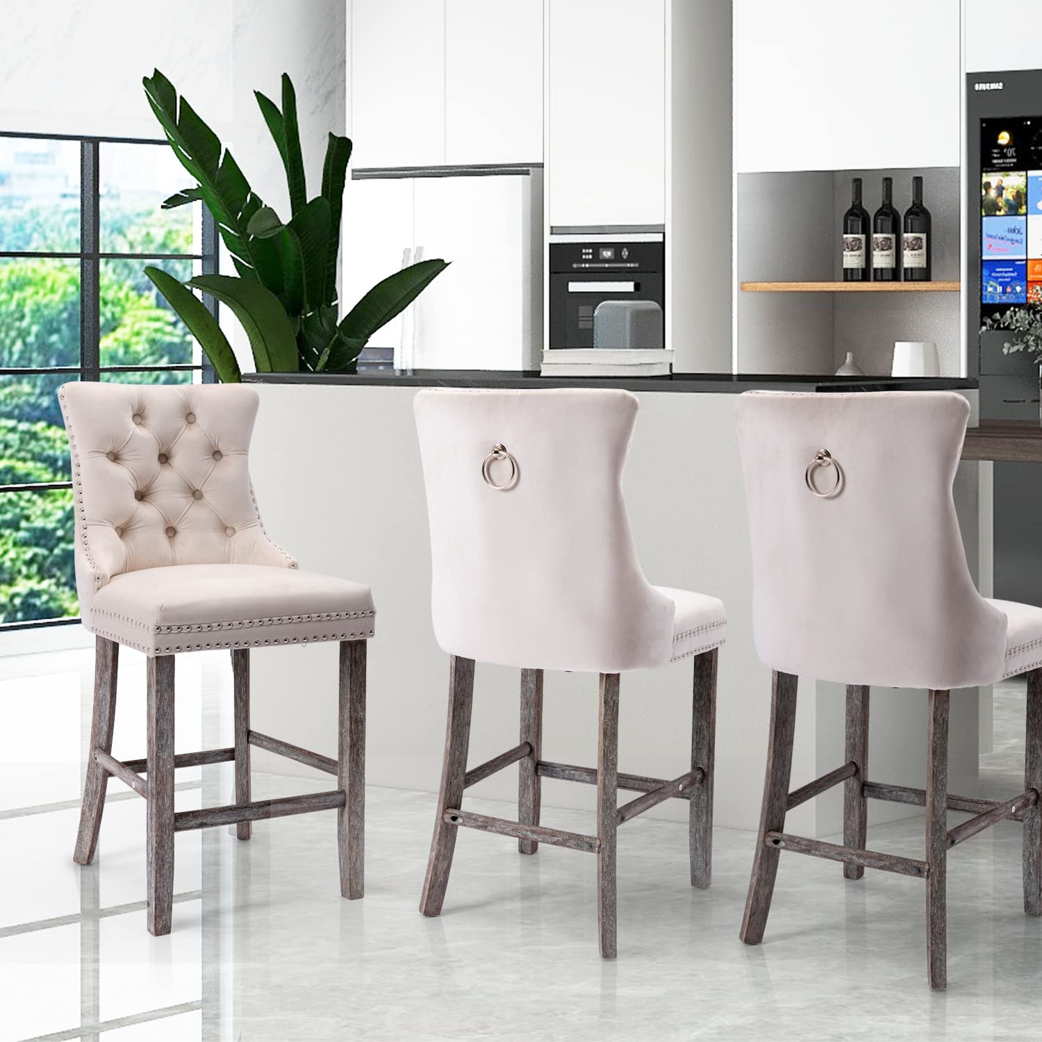 6X Velvet Bar Stools with Studs Trim Wooden Legs Tufted Dining Chairs Kitchen - VogueDecor.au