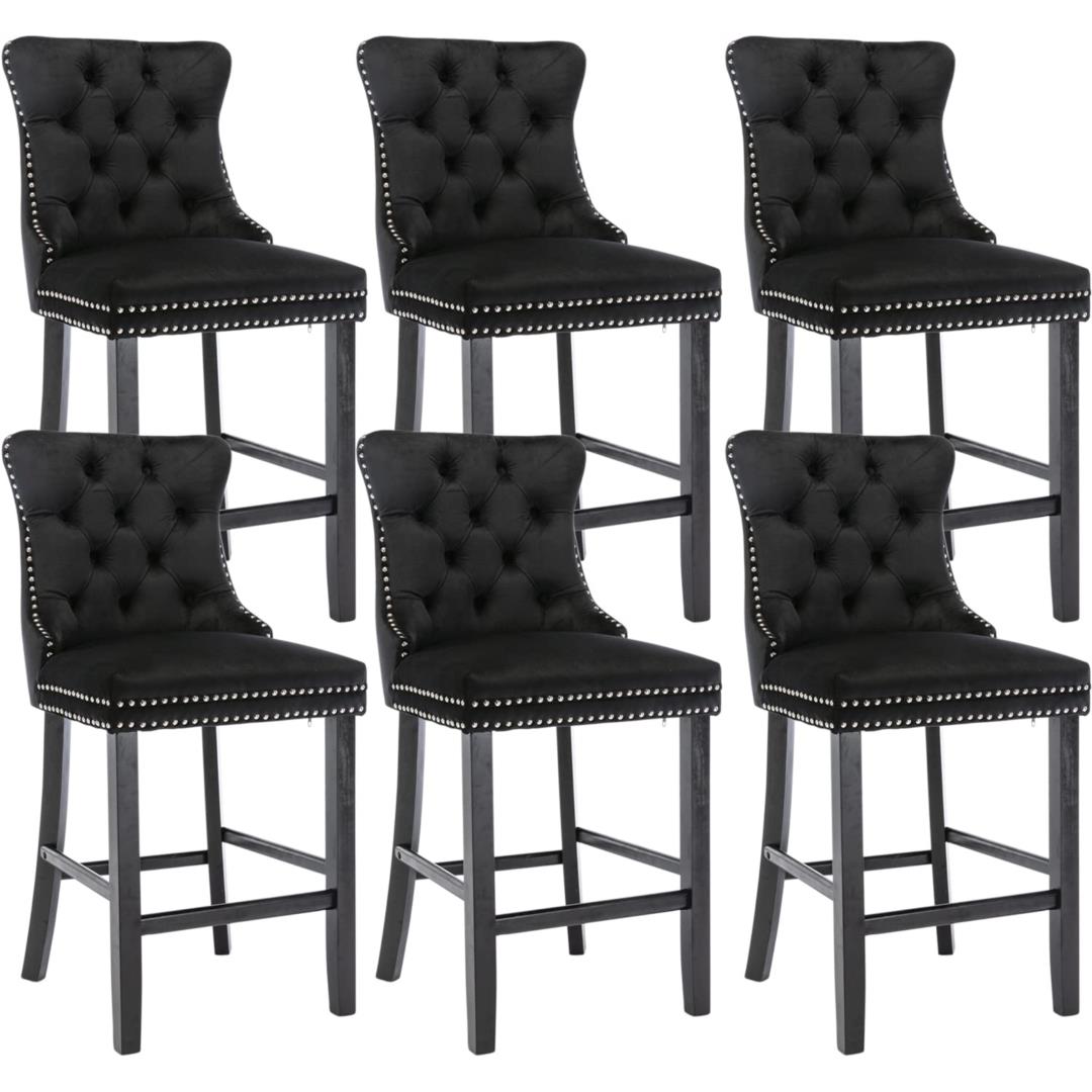6X Velvet Bar Stools with Studs Trim Wooden Legs Tufted Dining Chairs Kitchen - VogueDecor.au