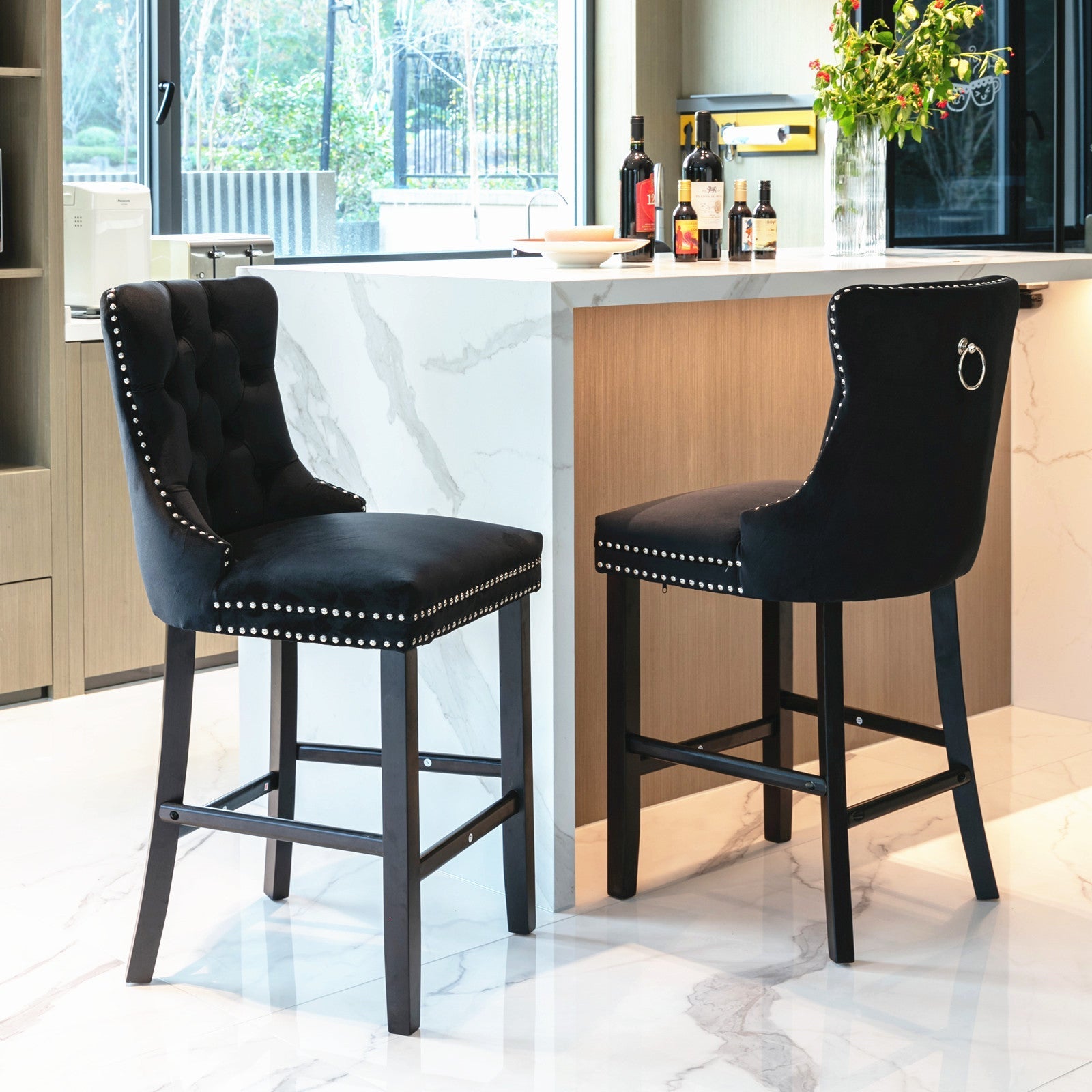 6X Velvet Bar Stools with Studs Trim Wooden Legs Tufted Dining Chairs Kitchen - VogueDecor.au