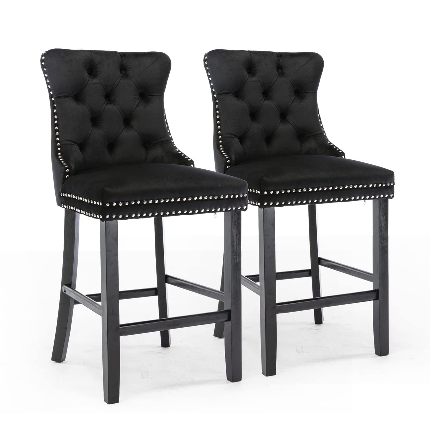 6X Velvet Bar Stools with Studs Trim Wooden Legs Tufted Dining Chairs Kitchen - VogueDecor.au