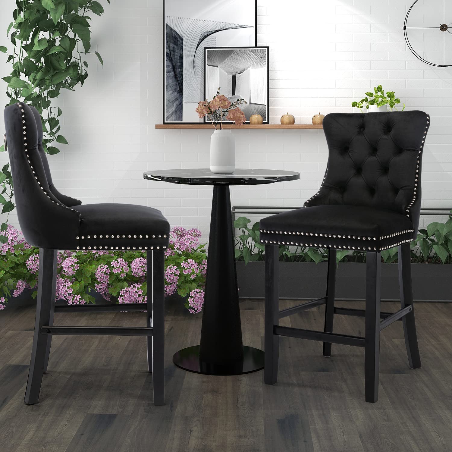 6X Velvet Bar Stools with Studs Trim Wooden Legs Tufted Dining Chairs Kitchen - VogueDecor.au