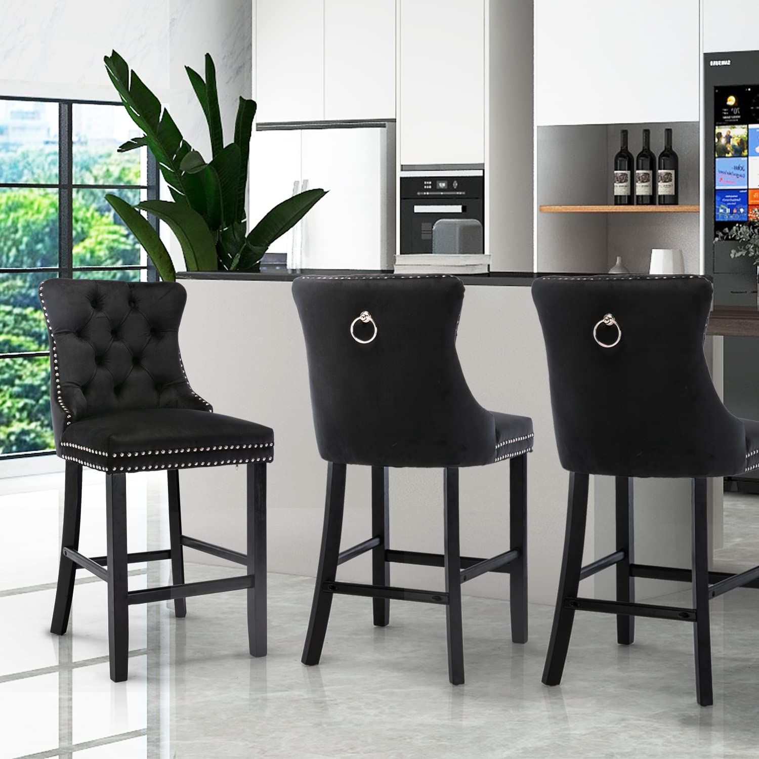 6X Velvet Bar Stools with Studs Trim Wooden Legs Tufted Dining Chairs Kitchen - VogueDecor.au
