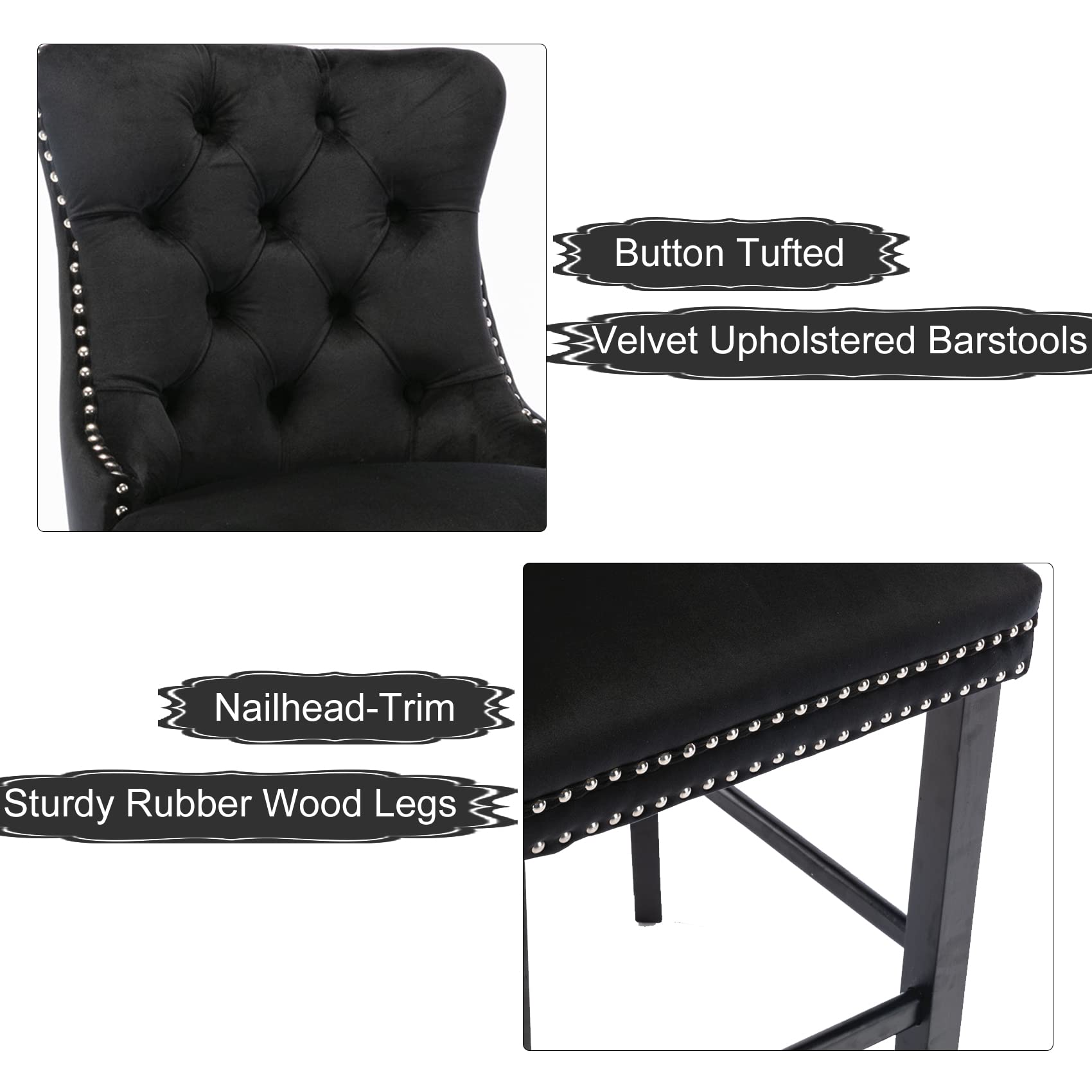 6X Velvet Bar Stools with Studs Trim Wooden Legs Tufted Dining Chairs Kitchen - VogueDecor.au