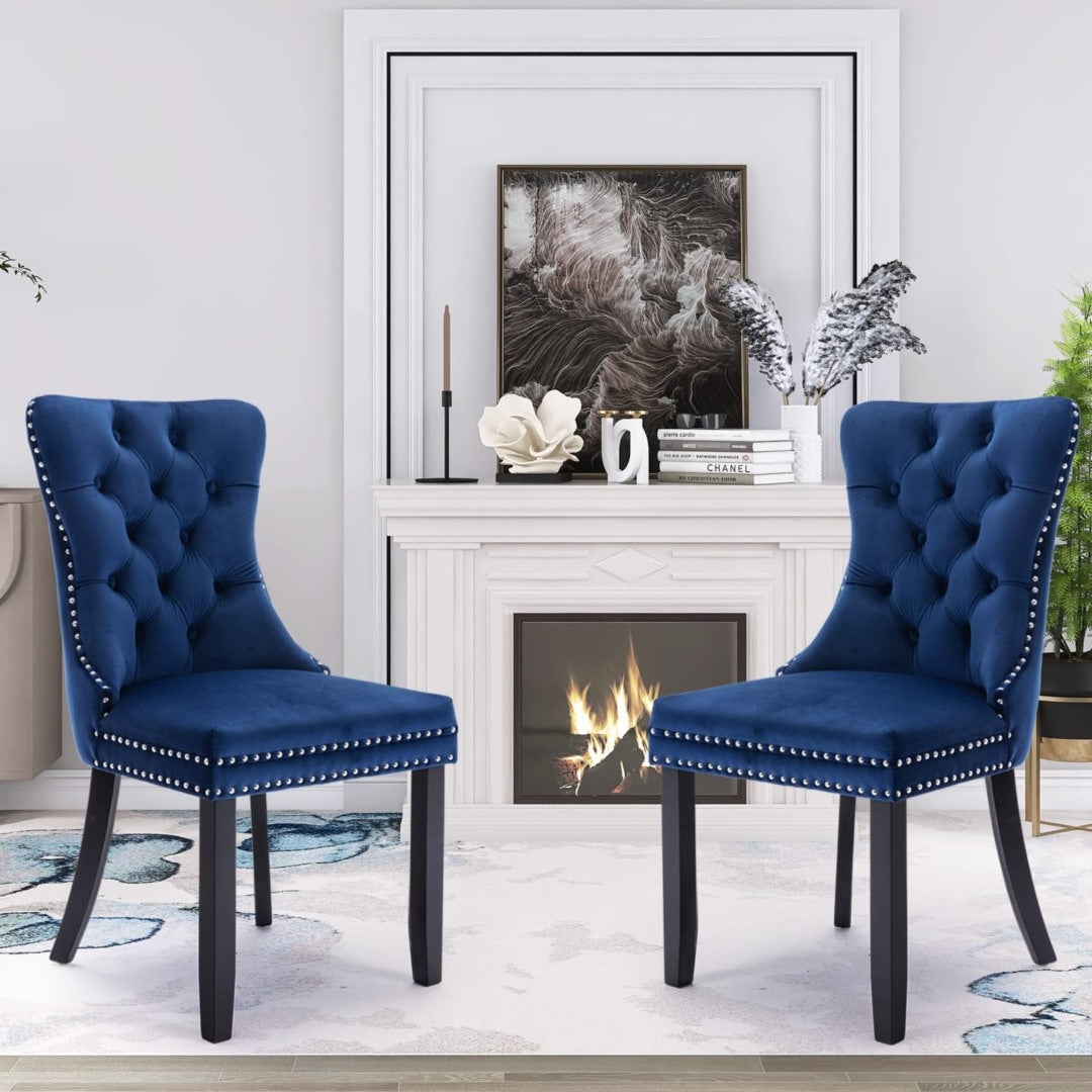 2x Velvet Dining Chairs Upholstered Tufted Kithcen Chair with Solid Wood Legs Stud Trim and Ring-Blue - VogueDecor.au