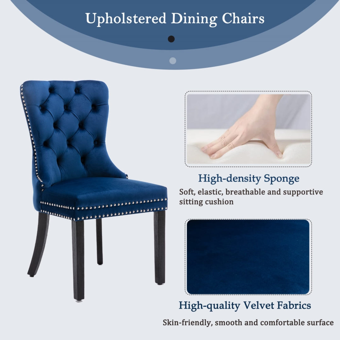 2x Velvet Dining Chairs Upholstered Tufted Kithcen Chair with Solid Wood Legs Stud Trim and Ring-Blue - VogueDecor.au